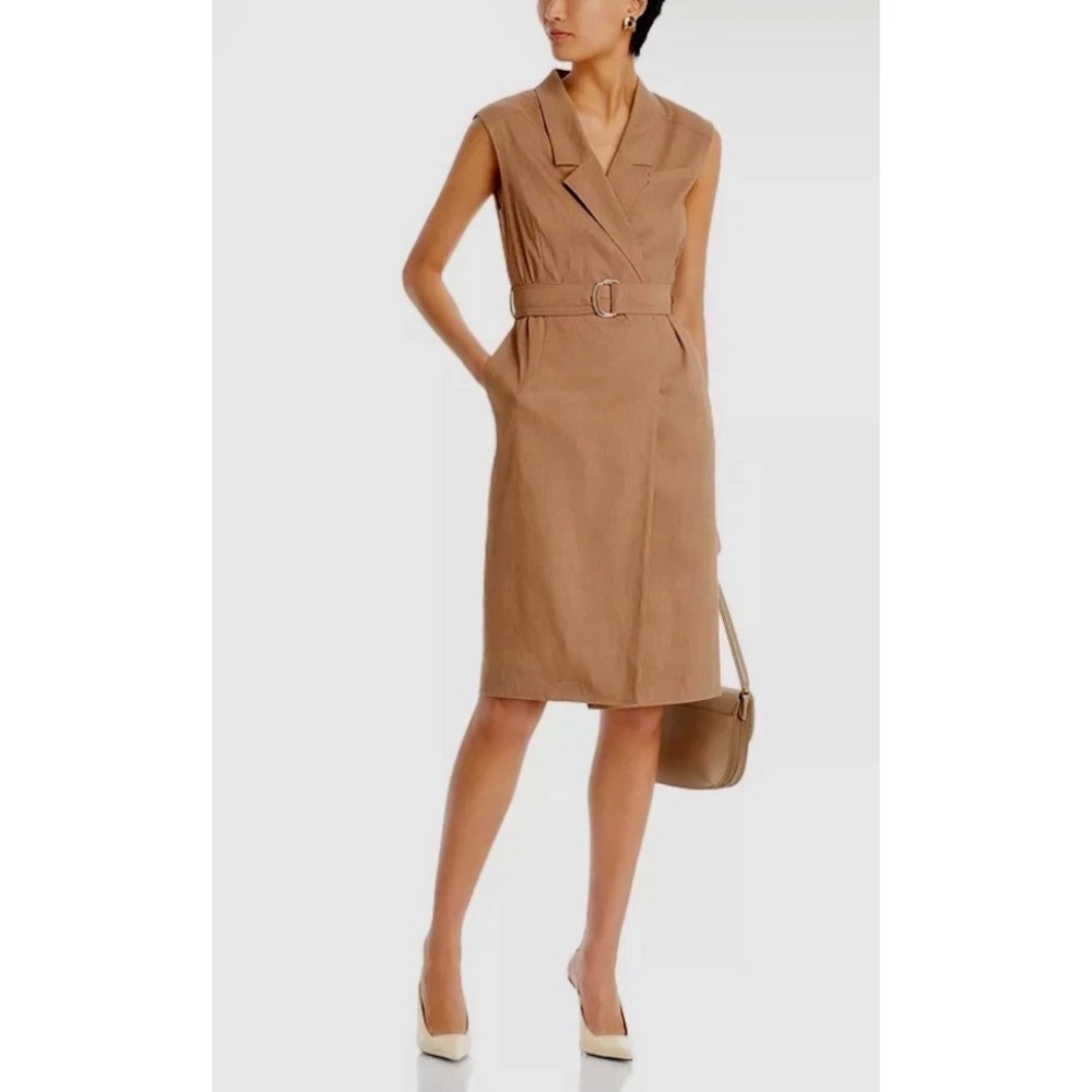 BOSS Hugo Boss Sleeveless Blazer Wrap Dress Camel Brown Linen Blend Womens Sz 16